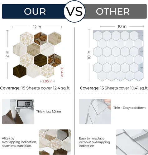 Miniatura 5 de FunStick 15 hojas de azulejos hexagonales para cocina, baño, azulejos de pared de 12 x 12 pulgadas, de madera bohemia, aptos para inquilinos