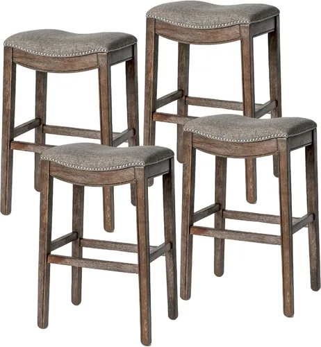 Miniatura 38 de Maven Lane Adrien Taburete de bar sin espalda, asiento de silla de montar de 31 pulgadas con reposapiés, marco de madera maciza gris y tapicería