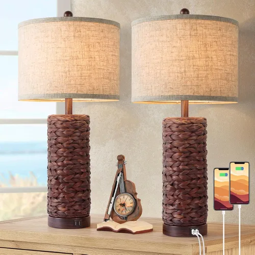 Miniatura 10 de TOBUSA Lámpara de mesa de ratán de 25 pulgadas para sala de estar, lámpara de mimbre bohemia costera con 3 temperaturas de color, lámpara de cesta