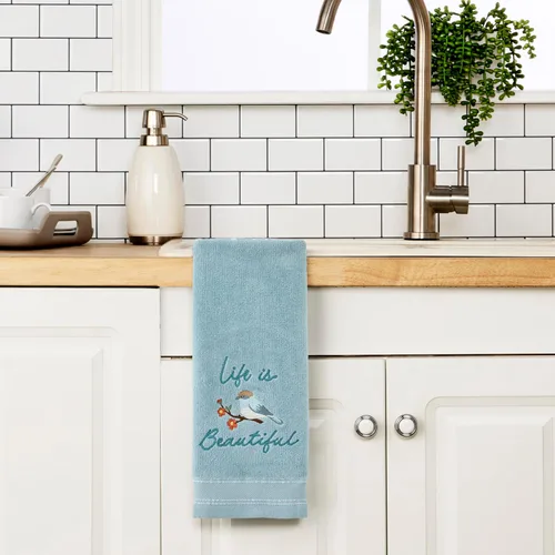 Miniatura 4 de SKL Home Hermoso juego de 2 toallas de mano 100% algodón, bordadas y decorativas para baño/cocina/bar y regalo, aguamarina