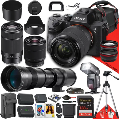 Sony Cámara sin espejo a7 III con lente de 1.102-2.756 in y 2.165-8.268 in + lente de teleobjetivo manual 16.535-31.496 in f/8.3 HD + memoria de 128