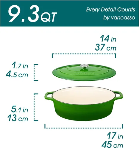 Miniatura 2 de vancasso Horno holandés de hierro fundido esmaltado, olla holandesa de 9.3 cuartos de galón con tapa, olla ovalada de hierro fundido con Verde
