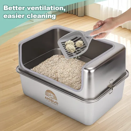 Miniatura 7 de Cajas de arena de acero inoxidable para gatos con tapa de metal, bandeja grande de arena para gatos con recinto de pared alta - Libre de olores