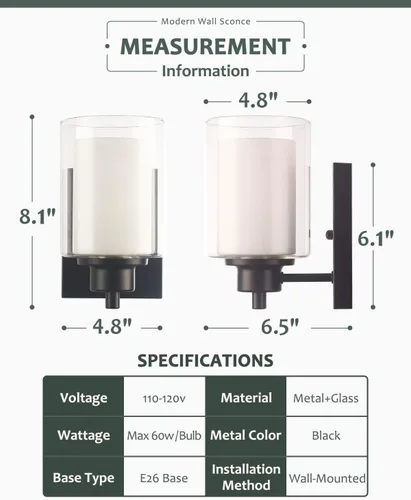 Miniatura 7 de Paquete de 2 Luminarias de Tocador de Baño de 1 Luz, Luz de Pared Negra para Interiores con Pantalla de Vidrio Dual, Aplique de Pared de Baño