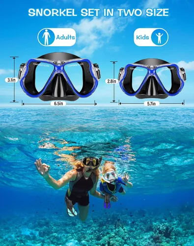 Miniatura 5 de Greatever Juego de esnórquel para adultos, azul, máscara, aletas, tubo, esnórquel seco, regalo ideal, máscara de buceo ajustable y aletas