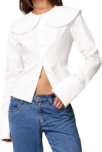 Camisa de manga larga con botones para mujer, elegante blusa con cuello redondo y cintura ceñida, casual y para la oficina
