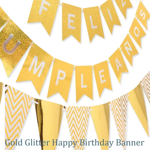 Miniatura 2 de Juego de decoración de Feliz Cumpleaños en español – Decoración de pastel de Feliz Cumpleaños Bandera Triángulo Bandera Oro Feliz Cumpleaños Banner