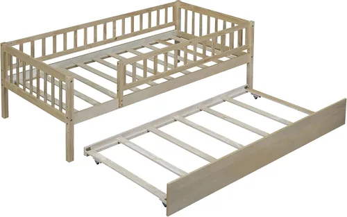 Miniatura 4 de Merax Sofá cama de tamaño individual con nido, marco de cama individual de madera con barandillas de valla, no necesita somier, natural Natural