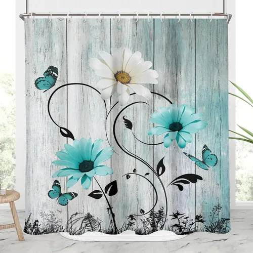 Miniatura 36 de AAtter Cortina de ducha floral azul rústica boho gris blanco amarillo margarita naturaleza negro botánico telón azul verdoso turquesa tela única
