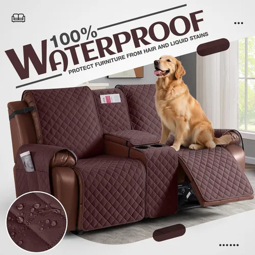 Miniatura 3 de KinCam Funda para Loveseat Reclinable 100% Impermeable con Consola, Fundas Antideslizantes para Sofá Reclinable de 2 Asientos, Funda para Sofá Café