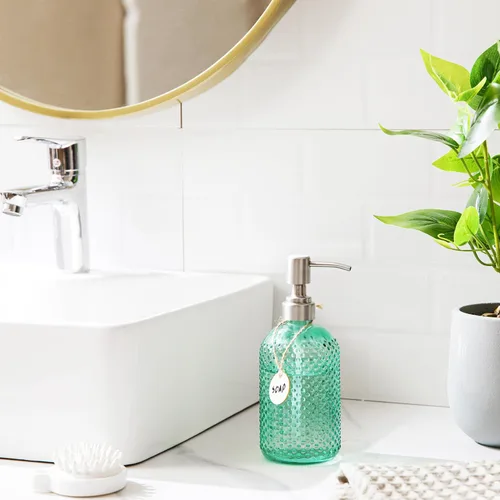 Miniatura 3 de HBlife Paquete de 2 dispensadores de jabón de vidrio de 16 onzas con bomba de acero inoxidable, dispensador de loción recargable para cocina y baño