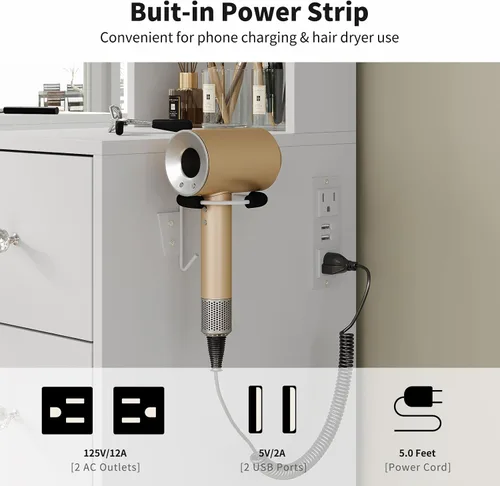 Miniatura 5 de Yanosaku Espejo LED de longitud completa de 47 x 65 pulgadas con toma de corriente, 8 cajones y 8 estantes para dormitorio/guardarropa, regulable e