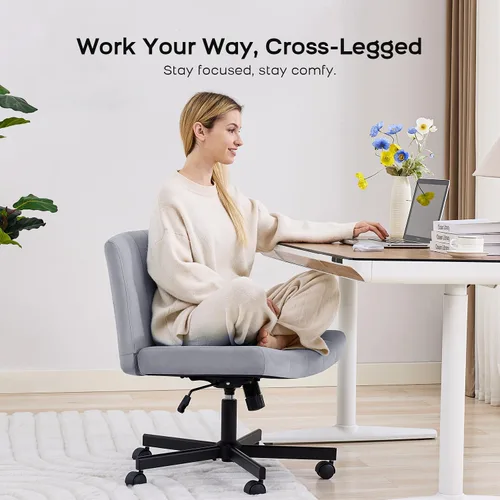 Miniatura 4 de LukkDys Silla cruzada con ruedas, silla de escritorio de patas cruzadas anchas, cómoda silla de tocador de tela para el hogar, oficina, dormitorio