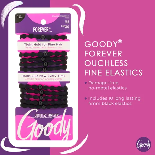 Miniatura 2 de Goody Ouchless Forever - Elásticos para cabello fino, 10 unidades, color negro, bandas libres de daño, lazos para el cabello 3 veces más fuertes