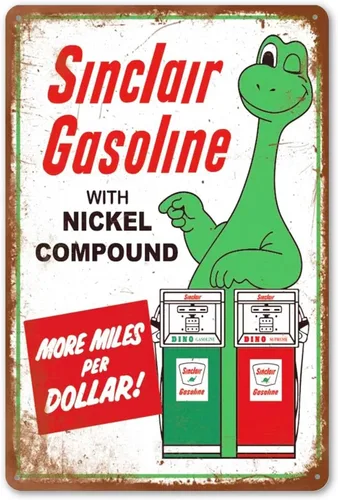 QMARK Letrero de estaño vintage Sinclair Gasoline, decoración de metal retro, aceite de motor Sinclair, decoraciones divertidas para cueva de