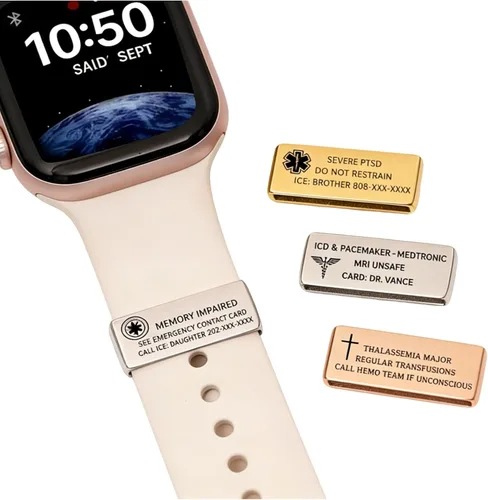 Etiqueta de identificación de alerta médica grabada personalizada para pulsera de reloj inteligente - Placa de información de contacto de emergencia