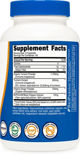 Miniatura 5 de Nutricost Cápsulas de Cúrcuma + Jengibre con Bioperine, 2400mg Por Porción, 120 Cápsulas - Sin OMG, Sin Gluten, 40 Porciones