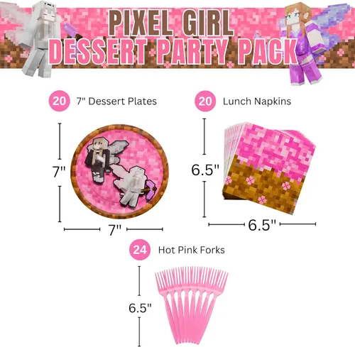 Miniatura 2 de Suministros de fiesta de Pixel Girl Value (64 piezas para 20 invitados) - Suministros de fiesta de videojuegos para niñas, decoraciones