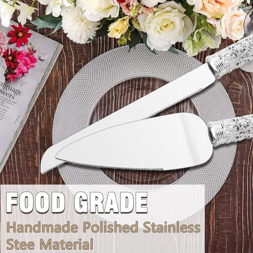 Miniatura 5 de Juego de cuchillo y servidor de plata para boda, juego de 2 piezas de postre con mango de metal con piedras de cristal para decoración de bodas
