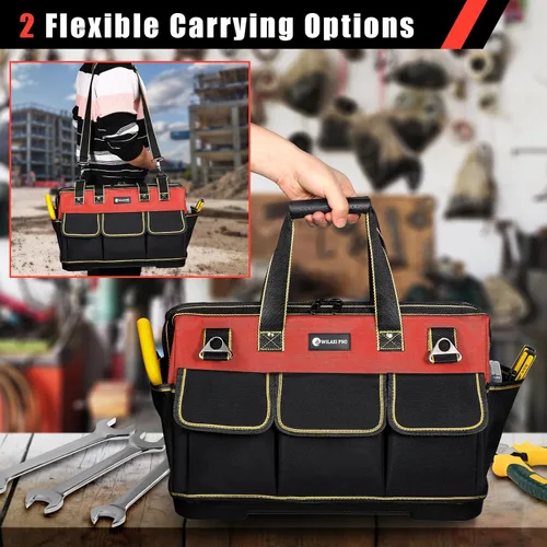 Miniatura 7 de Bolsa de herramientas portátil de 20 pulgadas para hombres con base moldeada impermeable, bolsa de herramientas de gran capacidad y boca ancha, Rojo