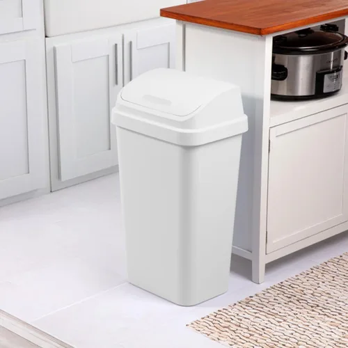 Miniatura 5 de Sterilite Paquete de 4 basureros con tapa oscilante, elegante cubo de basura de perfil cuadrado, 13 galones, color blanco, moderno contenedor