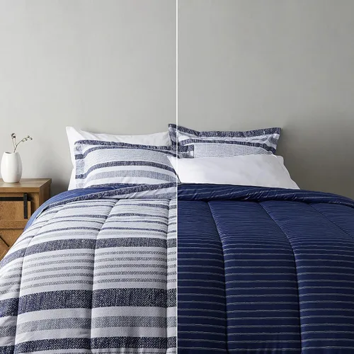 Miniatura 6 de Amazon Basics - Juegos de edredón tamaño Twin/Twin XL, ropa de cama reversible de microfibra ultra suave y ligera de 2 piezas, azul denim/rayas