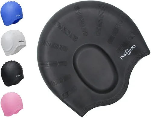 Miniatura 3 de PHELRENA Gorro de natación impermeable de silicona de alta calidad, orejeras de pelo largo, flexible y reversible para adultos, niños, mujeres