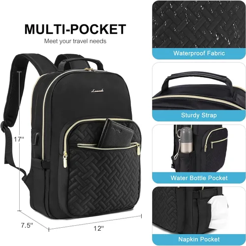 Miniatura 3 de LOVEVOOK Mochila para laptop para mujer, elegante mochila acolchada para viajes de negocios, trabajo, bolsa para computadora, con puerto USB