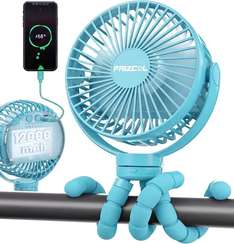 FRIZCOL Portable Stroller Fan, Use As Power Bank, 65H 12000mAh Battery Operated Fan Flexible Tripod Baby Car Seat Fans with Timming, Personal Mini