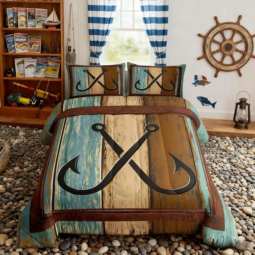 Miniatura 51 de Manfei Go Fishing Juego de edredón tamaño King para niños, juego de ropa de cama con diseño geométrico de peces de bass y rombos, decoración