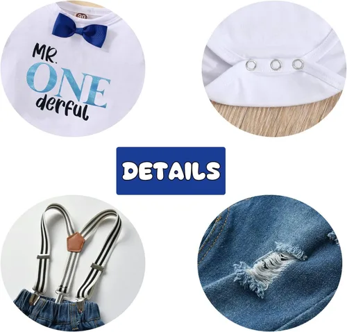 Miniatura 17 de Conjunto de ropa de cumpleaños para bebé niño pequeño, con tirantes, pantalones de mezclilla rasgados
