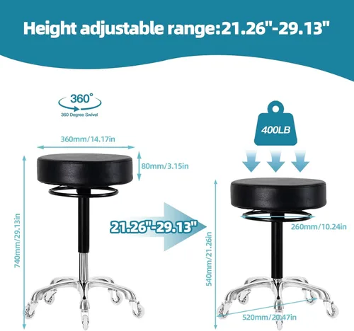 Miniatura 2 de Silla redonda giratoria con ruedas, acolchado grueso y resistente, taburete ajustable con ruedas para médico (negro)