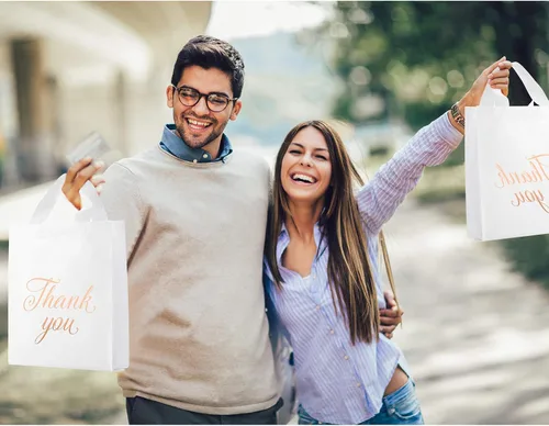 Miniatura 6 de Outus 120 bolsas blancas de regalo de agradecimiento con asas de 9 x 12 pulgadas, bolsa de plástico para pequeñas empresas, madres, profesores
