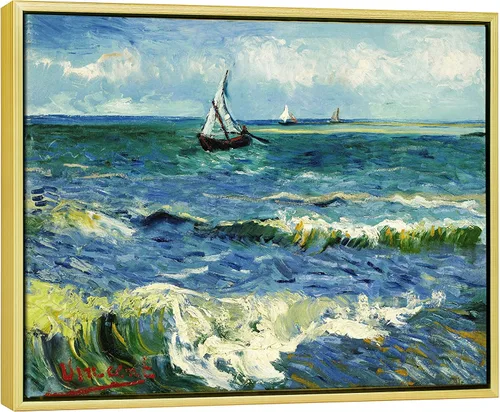 Miniatura 14 de Wieco Art Arte enmarcado negro paisaje marino en Saintes Maries por Vincent Van Gogh pinturas al óleo Reproducción modernas impresiones en lienzo