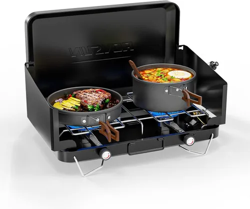 Miniatura 10 de ROVSUN Estufa de camping portátil 2 en 1 y parrilla de propano con plancha de esmalte y encendedor piezoeléctrico, estufa de campamento de mesa