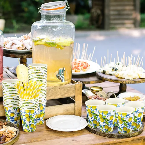 Miniatura 4 de Tessco - Juego de 50 vasos de papel Capri Lemon con tapas y pajitas, 12 onzas, azulejos azules italianos, tazas frías de limón italiano para fiesta