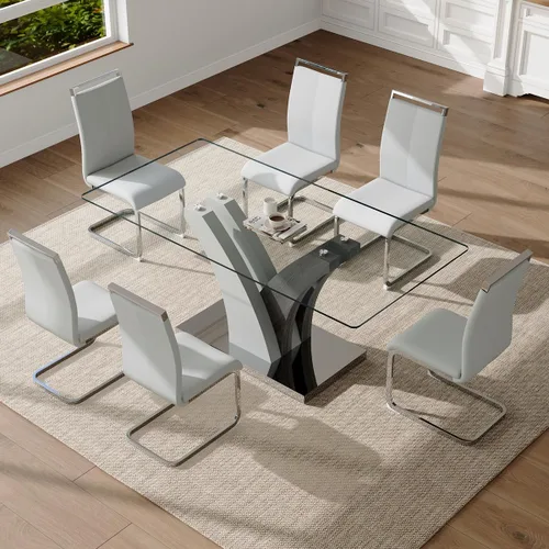 Miniatura 11 de Juego de mesa de comedor de cristal para 6, juego de mesa de cocina de 71 pulgadas para 6, juego de mesa de comedor grande con sillas de piel