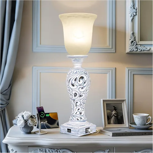 Lámpara de mesa de 20 pulgadas con 2 puertos USB, lámpara de noche vintage para dormitorio, lámpara de escritorio regulable de 3 vías con pantalla
