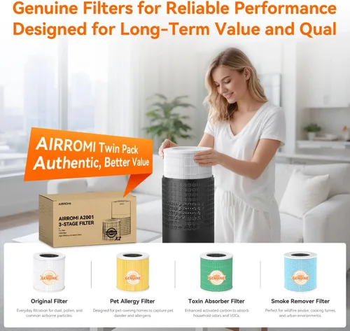 Miniatura 9 de Purificador de aire AIRROMI para dormitorio con filtro HEPA 3-en-1, purificador de aire para mascotas para el olor a orina de gato en el hogar, Negro