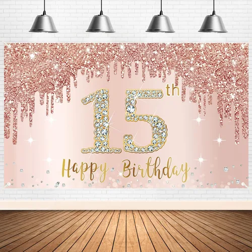 Cartel de feliz cumpleaños número 15 para niñas, decoración de fondo de oro rosa para fiesta de cumpleaños número 15, póster de cumpleaños rosa de