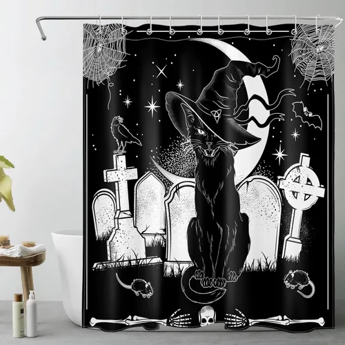 Miniatura 19 de LB Cortina de ducha de feliz Halloween para baño, flamenco rosa y calabaza naranja con sombrero mágico, cortina de ducha de tela con ganchos, juego