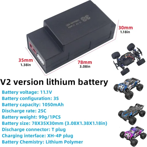 Miniatura 2 de sea jump Batería Lipo de 11.1 V 1050 mAh 25C 3S con enchufe T y cable de carga USB adecuado para MJX H16 H16P H16E H16GT H16BM H16PL 14301 RC Car