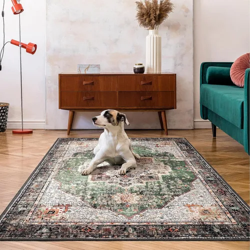 Miniatura 13 de Alfombra de área de 5 x 7 pies para sala de estar, alfombra verde boho antideslizante lavable, alfombra vintage de pelo bajo, alfombra grande