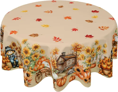 Miniatura 16 de Fall Tablecloth Round 60 Inch Autumn Thanksgiving Table Cloths Circle Pumpkin Buffalo Plaids Table Cloth Rustic Farmhouse Tablecloth for Holiday