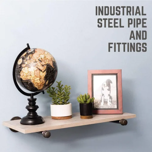 Miniatura 4 de Rustic Pipe Decor Soporte para estante industrial, juego de cuatro accesorios de hierro negro, bridas y tuberías para estantes flotantes