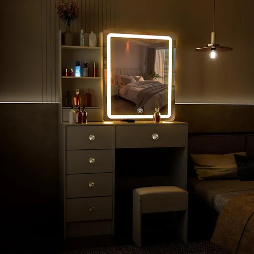 Miniatura 7 de Escritorio blanco cálido con espejo iluminado LED, mesa de tocador de maquillaje con armario izquierdo iluminado, 6 cajones y taburete, tocador