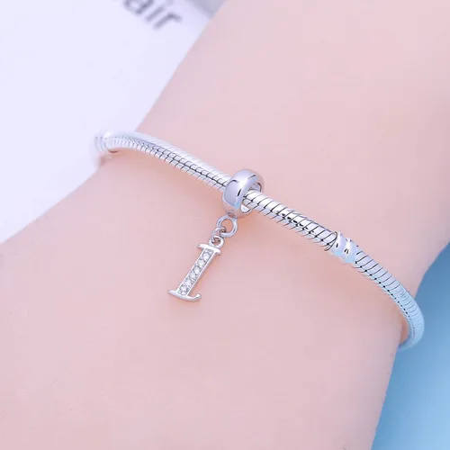 Miniatura 45 de ABUN Abalorio de plata de ley 925 con letra A a la Z, espaciador de inicial, con circonita cúbica transparete colgante, auténtica, para pulseras