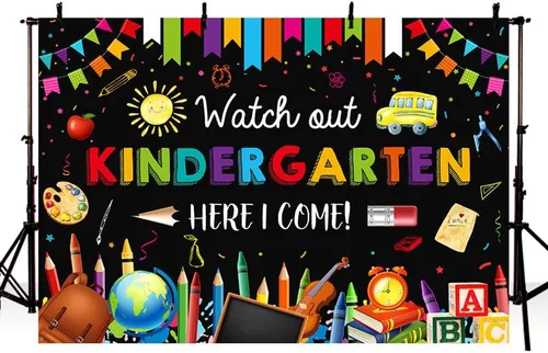 Miniatura 2 de AIBIIN Fondo de 7 x 5 pies para jardín de infantes para el regreso a la escuela, con texto en inglés "Watch Out Kindergarten Here I Come", Negro
