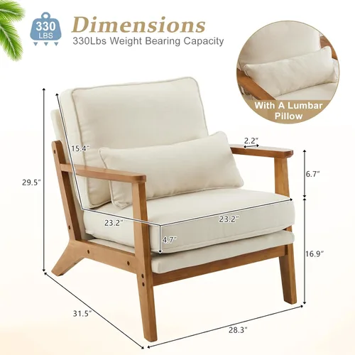 Miniatura 2 de VINGLI Silla decorativa de madera maciza con reposabrazos anchos, silla moderna tapizada de mediados de siglo con almohada, cómoda silla de lectura