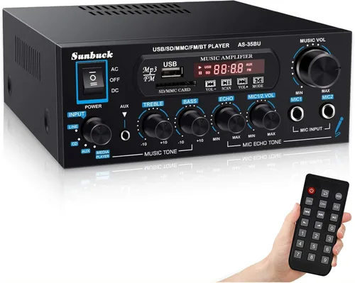 Sunbuck Pequeño amplificador, receptor estéreo 400Wx2 para audio doméstico, conectores ópticos/coaxiales para TV/CD/DVD/LP/PC, soporte de audio de